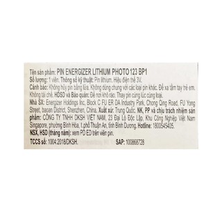 Pin Energizer CR123A, CR17345 PhotoLithium 3v chính hãng (Vỉ 1viên)