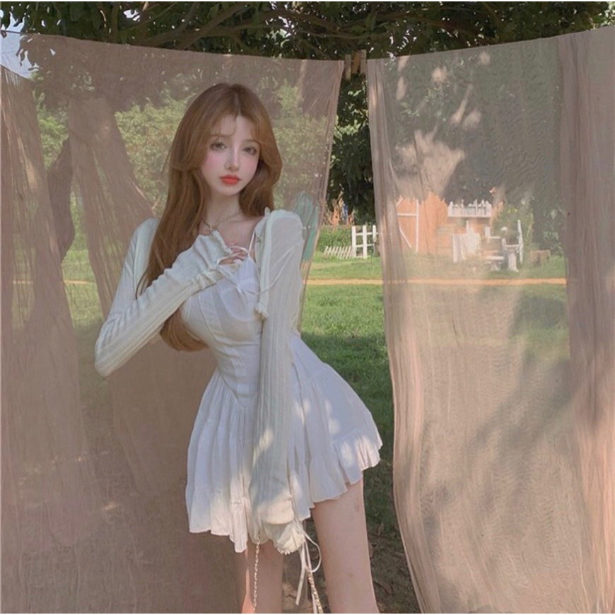 Set đầm 2 dây trắng chân bèo+khoác croptop 🖤 KÈM VIDEO TỰ QUAY 🖤