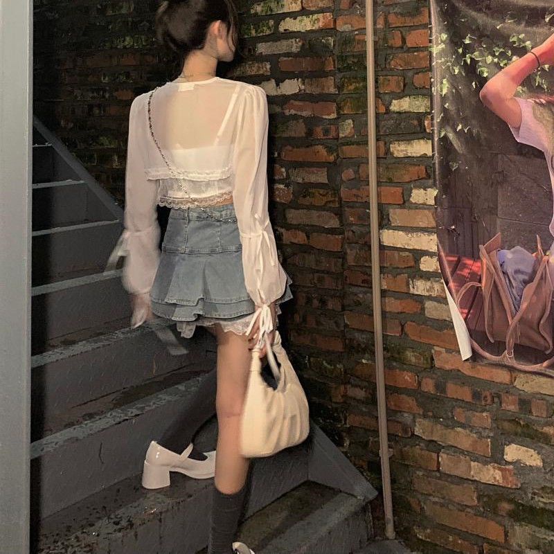 Chân Váy Denim Chữ A Lưng Cao Viền Bèo Phong Cách Cổ Điển Thời Trang Xuân Hè Y2k Dành Cho Bạn Nữ