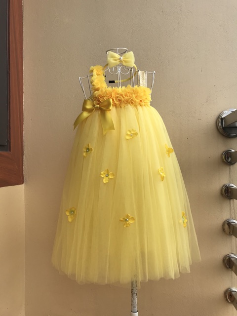 Váy công chúa ❤️FREESHIP❤️ Váy công chúa cho bé vàng hoa dải nơ tú cầu