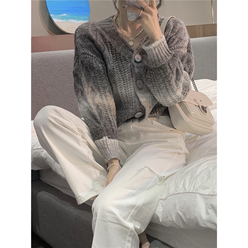 Áo len croptop mùa thu Cardigan phối màu ombre thời thượng