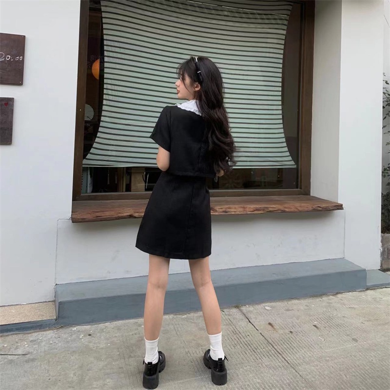 [ORDER] Đầm Sơ Mi Ngắn Tay Màu Đen Cúc Trái Tim Phối 2 Màu Đen Trắng VD095 ICC Official Store