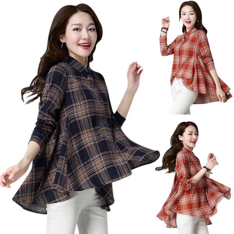 Áo sơ mi form rộng cổ bẻ họa tiết sọc ca rô thanh lịch và điệu đà cho nữ