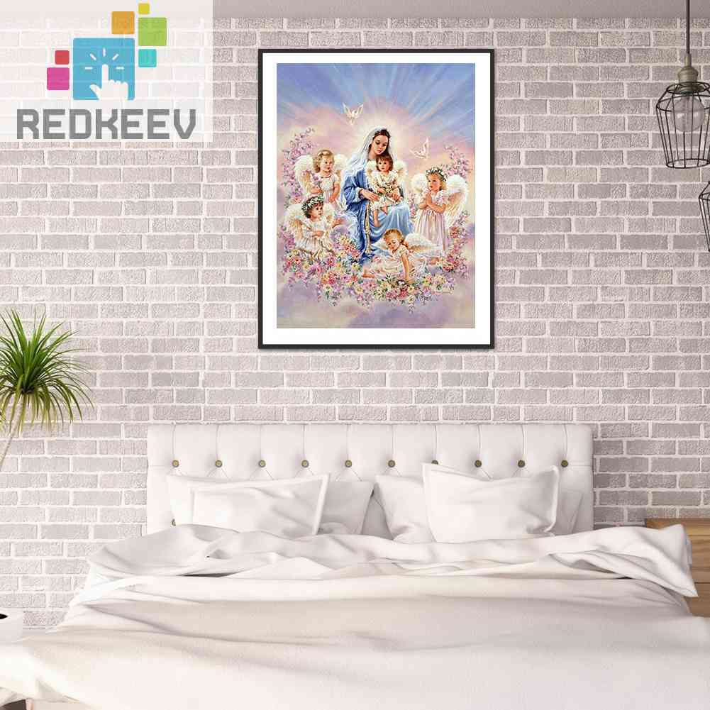 Tranh Đính Đá Kim Cương Toàn Bộ 5D DIY Hình Đức Mẹ Và Thiên Thần