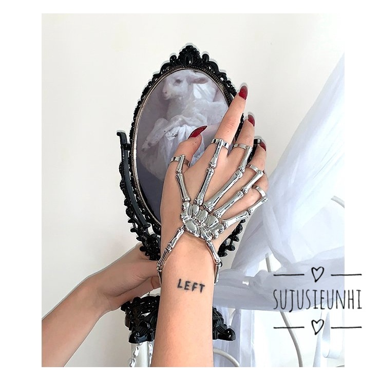(3 màu) vòng tay đính liền 5 chiếc nhẫn hình bộ xương gothic- phụ kiện hóa trang cosplay ma quỷ, punk