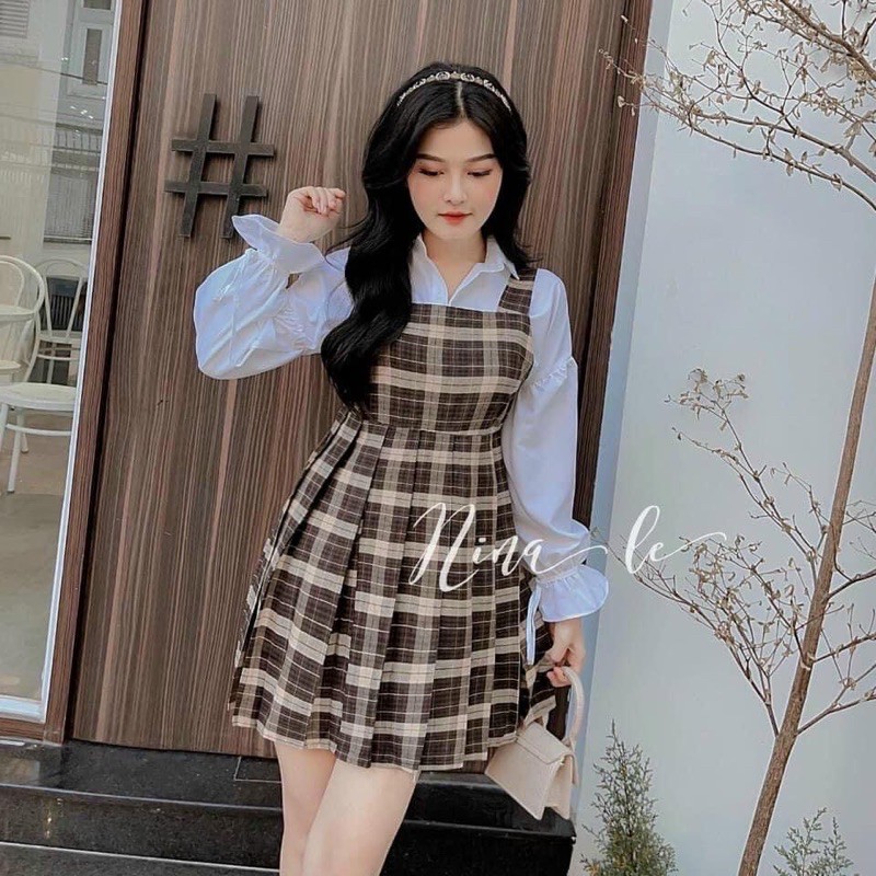 sét đầm yếm caro nâu bigsize 55kg-90kg✅