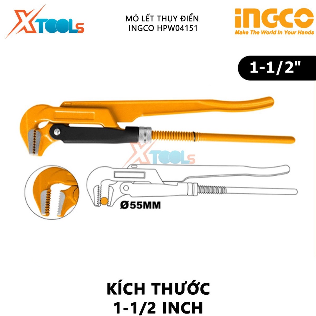 Mỏ lết Thụy Điển INGCO HPW04151 | Mỏ lết 90 độ kích thước 1-1/2 inch Đường kính kẹp tối đa 55mm Chất liệu thép carbon gi