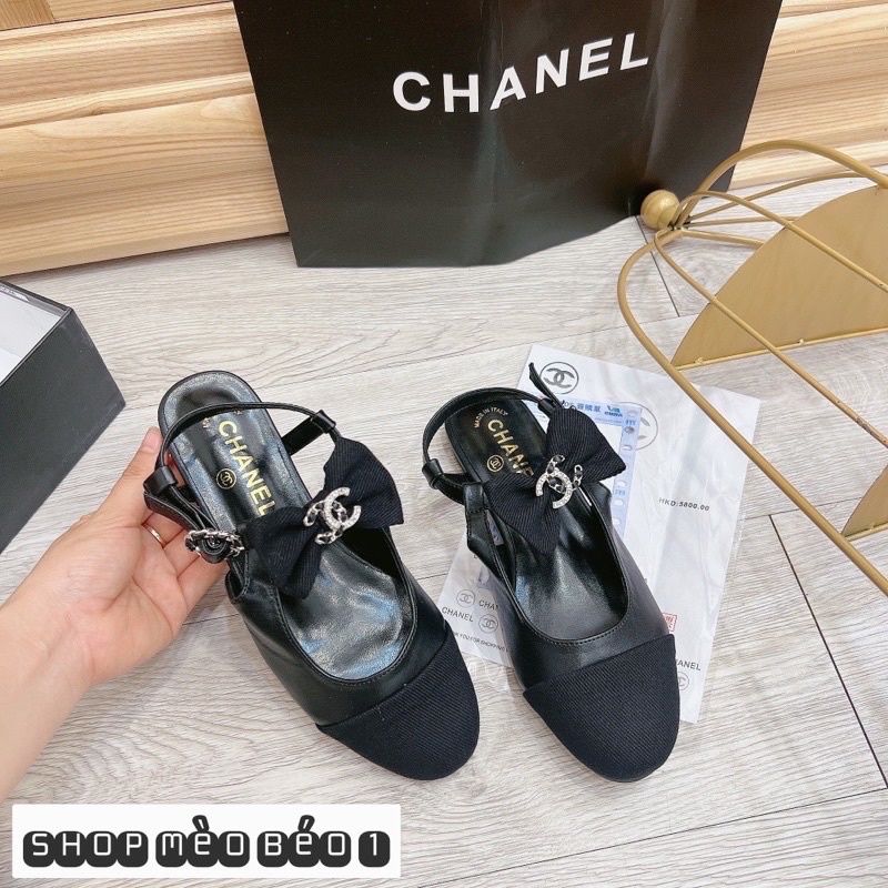 Sandal cn mũi đen quai nơ ngang đế bằng fullbox