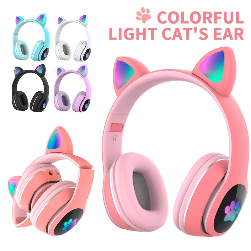 Wireless Bluetooth 5.0 Cute Cat Ear Shape Luminous Headphone Sport Headset Tai Nghe Chụp Tai Bluetooth Không Dây Trang Trí Hình Tai Mèo Có Đèn LED Điều Chỉnh Được Âm Lượng BEST