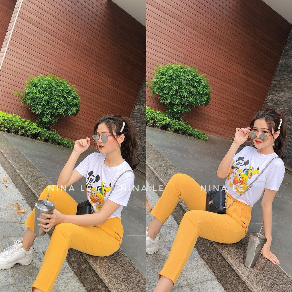 🎉SALE🎉 SET ÁO THUN TRẮNG IN MICKEY + QUẦN DÀI VÀNG LƯNG CAO FORM ÔM [ Hình trải sàn ảnh chụp thật ]