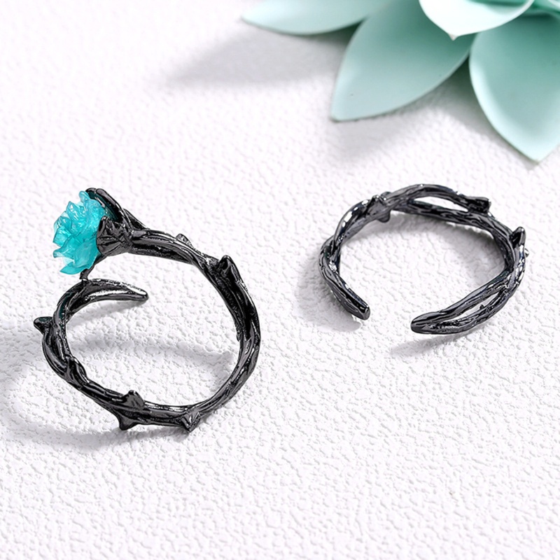 Set 2 Nhẫn Có Thể Điều Chỉnh Hình Hoa Hồng Xanh Phong Cách Gothic Dành Cho Cặp Đôi