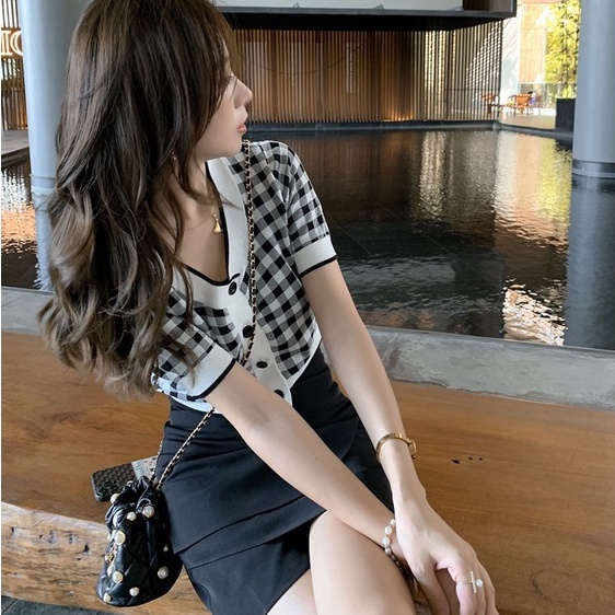 Áo Cardigan ZHELIHANGFEI Dệt Kim Ngắn Tay Cổ Chữ V Thời Trang
