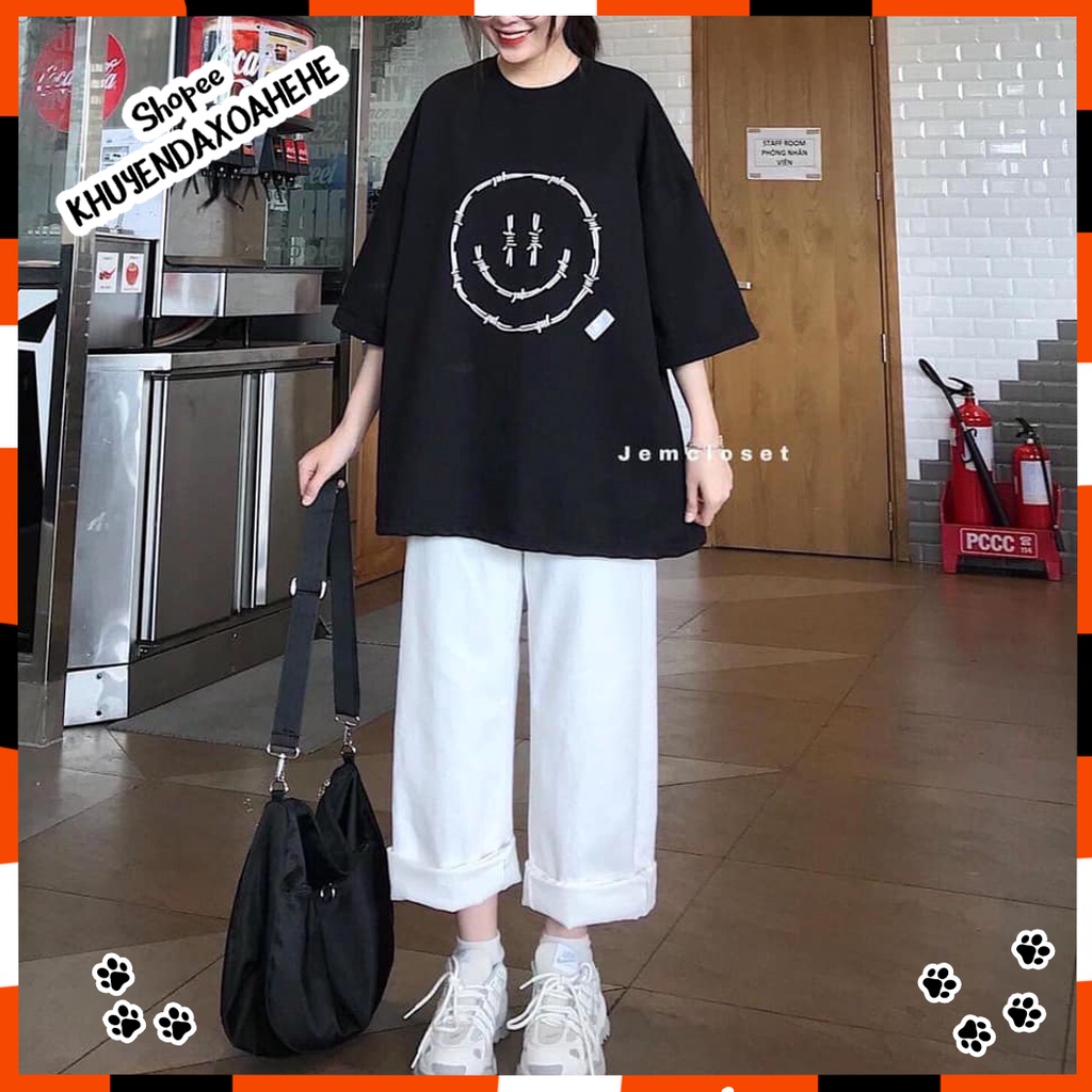 SQ012 Set áo thun đen xanh mặt cười quần kaki ống rộng trắng bộ áo phông cộc tay đen quần culottes suông Ulzzang cute