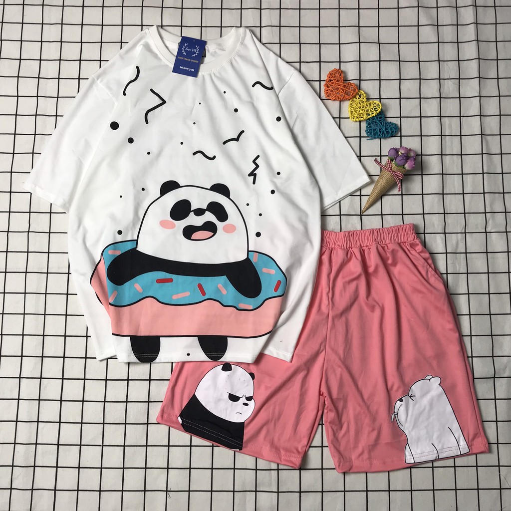 Set Đồ Bộ Gấu Trúc cartoon 3D Cute-Lapi VN Áo+ Quần Đùi Vải Thun Cotton Thoáng Mát, Freesize, Set Trang Phục