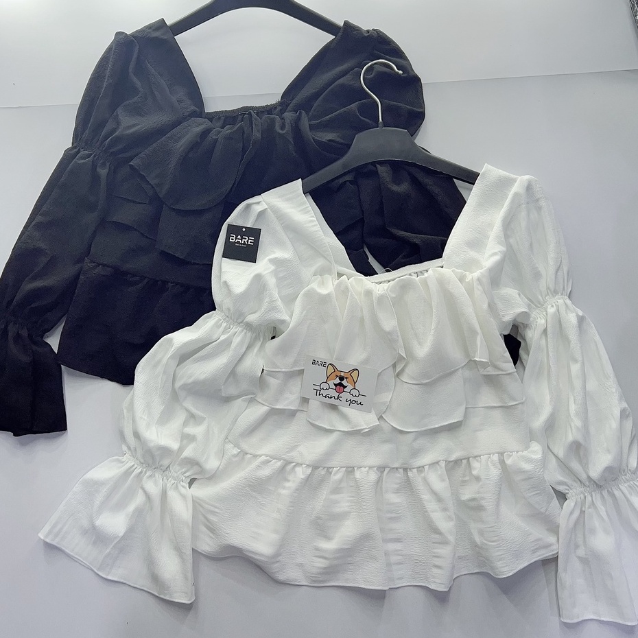 Áo kiểu nữ Hàn quốc tay dài phối bèo tay nhún chất xốp dễ thương cho nàng bánh bèo - AO086 | BigBuy360 - bigbuy360.vn