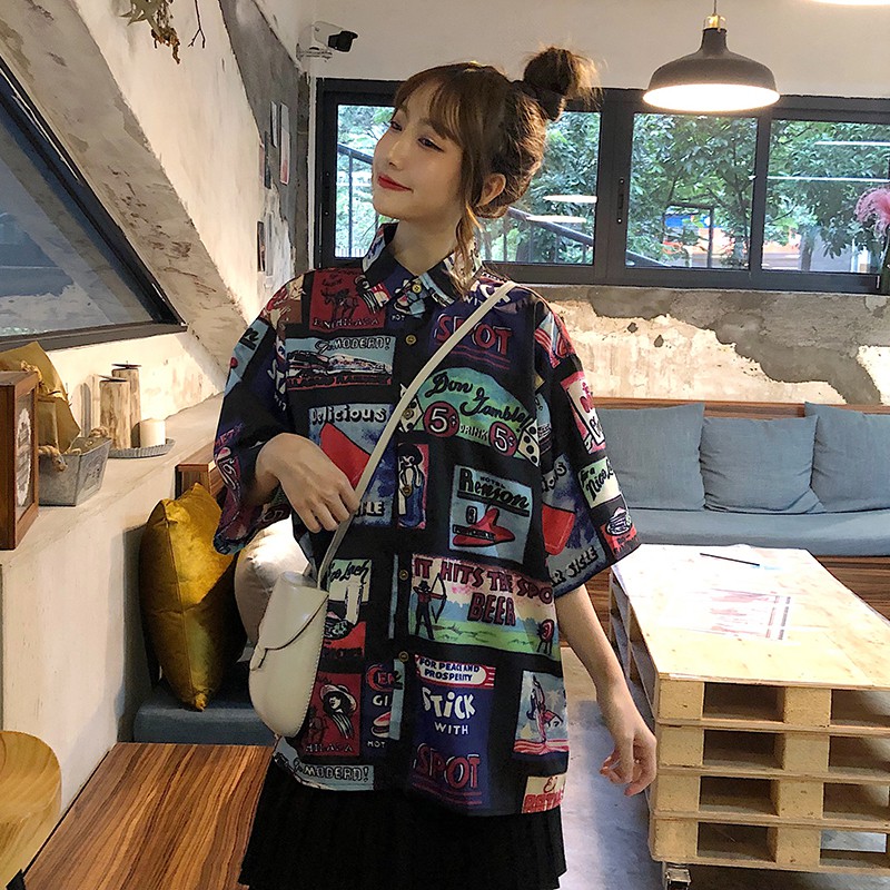 Áo sơ mi dáng rộng hoạ tiết in phong cách vintage Xiaozhainv | BigBuy360 - bigbuy360.vn