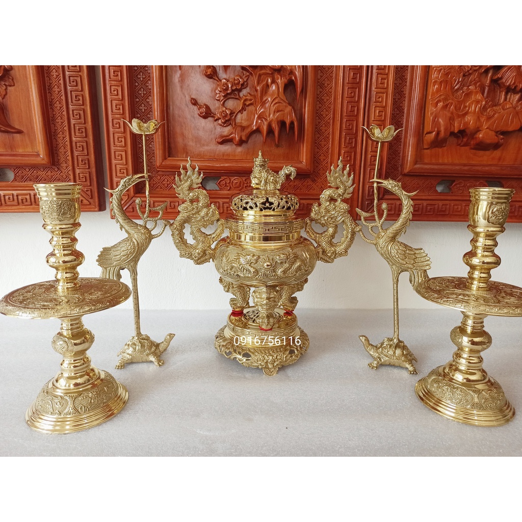 Bộ đỉnh thờ lư thờ bằng đồng vàng, Đỉnh Hạc Nến tam sự ngũ sự cao 34cm, Lư hương chân nến hạc bằng đồng vàng