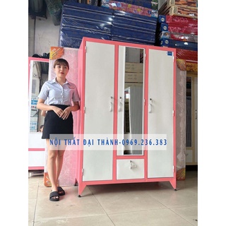 Tủ sắt quần áo sơn tĩnh điện 3 cửa màu hồng có hộc kéo rộng 1m2- cao 1m8 - Nội Thất Đại Thành