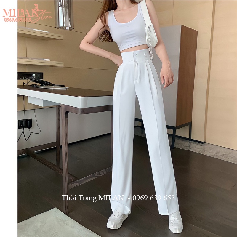 Quần ống rộng cạp cao 2 khuy nữ đi học làm công sở vải tuyết mưa mềm màu đen dáng quần ống suông nữ eo lưng cao học sinh