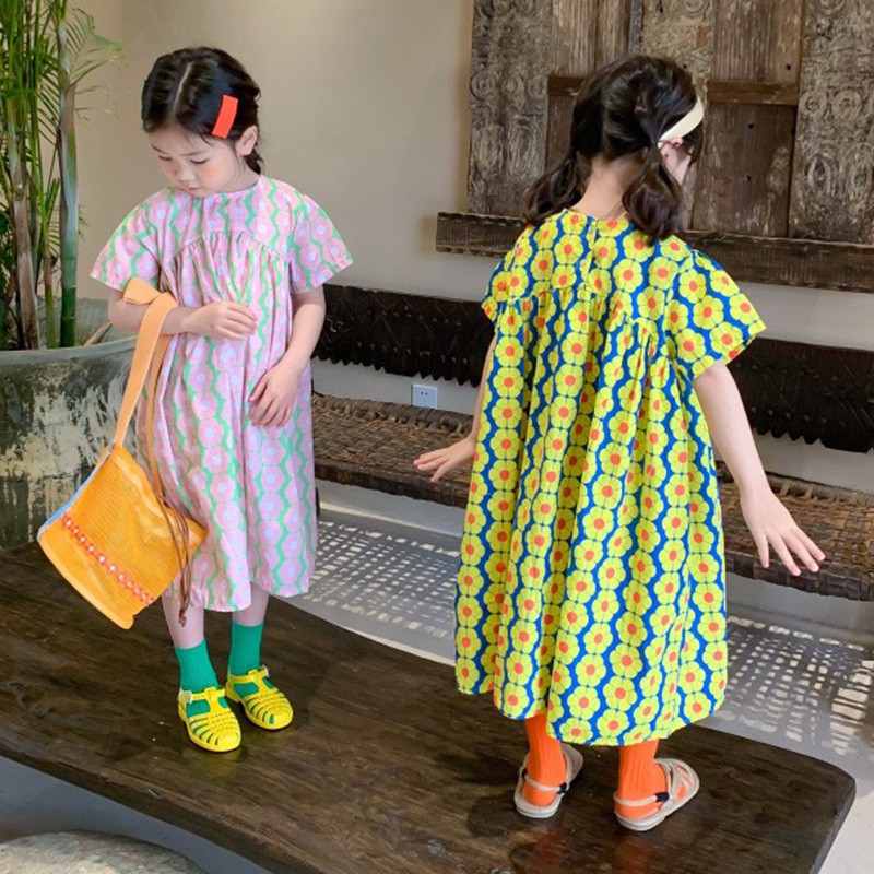 Đầm công chúa dáng dài cổ tròn in hoa phong cách Hàn Quốc thời trang mùa hè cho bé gái