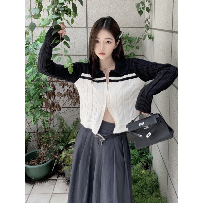 Áo cardigan Dệt Kim Cổ polo Dáng Ngắn Có Khóa Kéo Phong Cách Hàn Quốc Cho Nữ