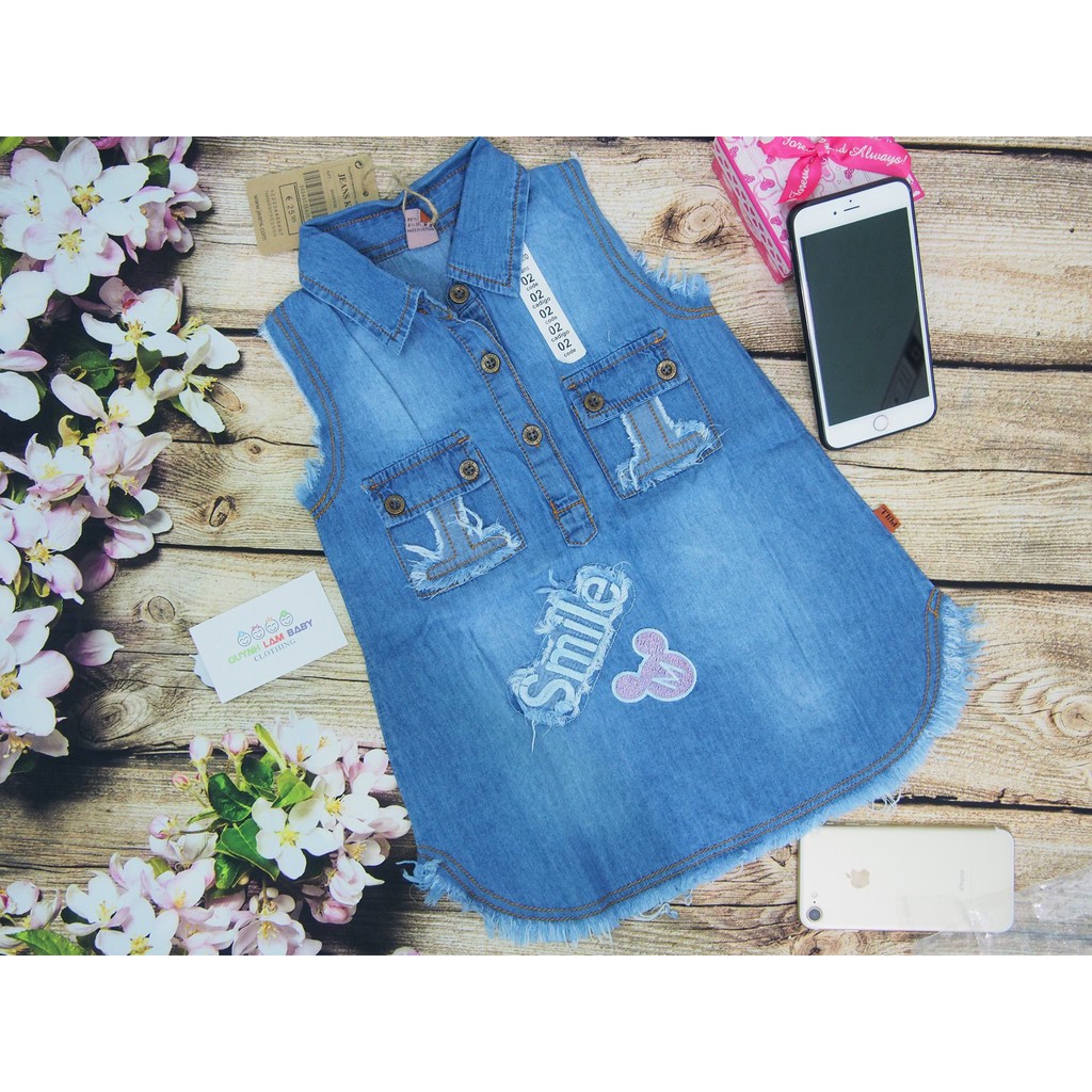 Đầm jean cổ sơ mi cotton, sát nách cho bé gái, chất mềm nhẹ thoáng mát, sành điệu cho bé