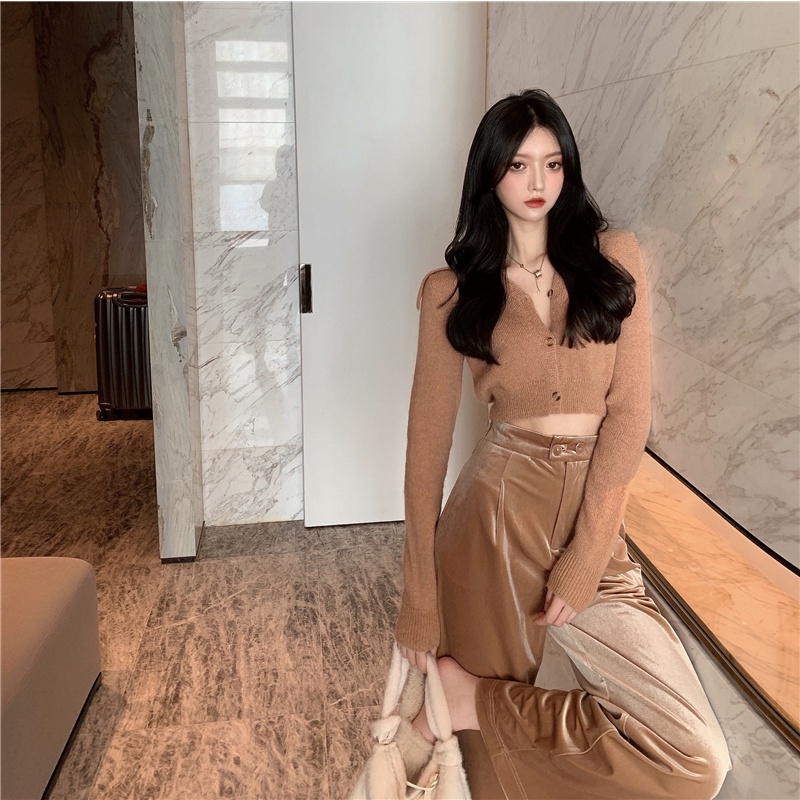 Set áo len lông mịn + quần cạp cao ống suông nhung nữ tính HS109 Hỉn Hỉn Store