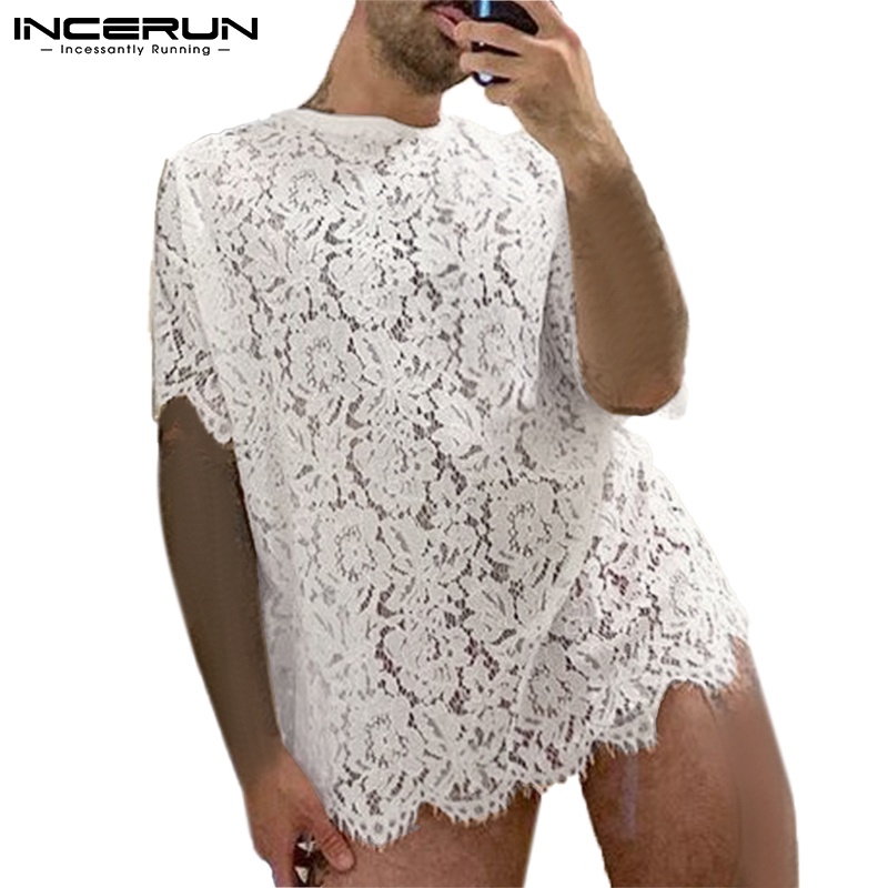 Áo INCERUN ngắn tay cổ tròn dáng rộng phối ren thời trang cho nam