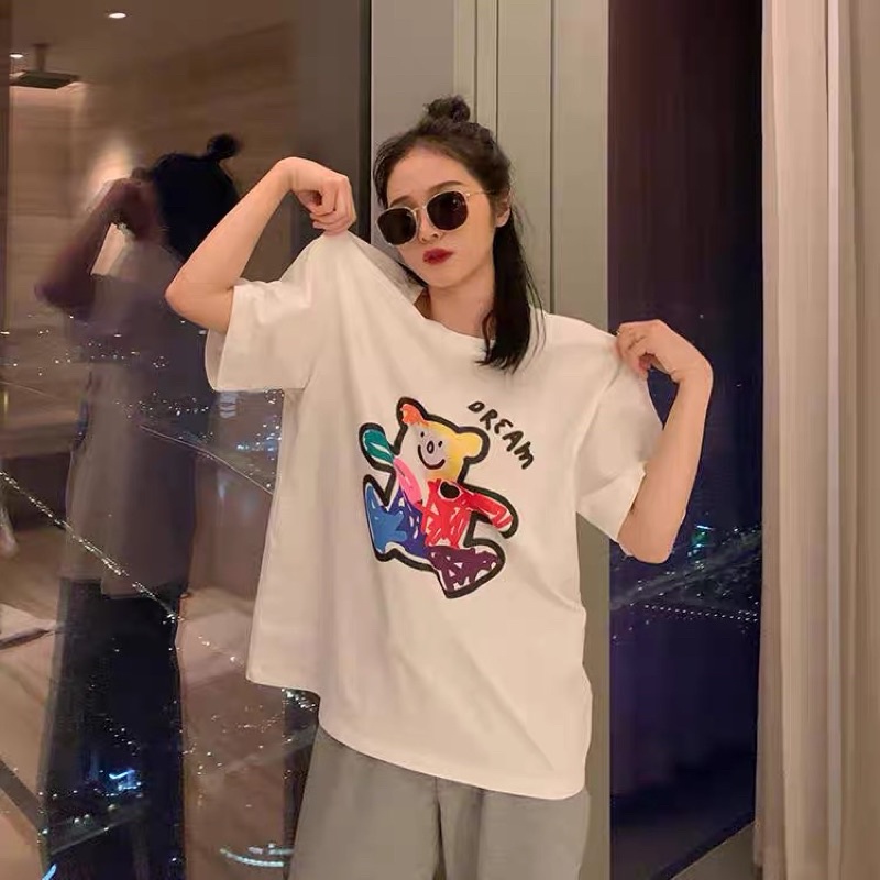 [ Rẻ vô địch ] Áo thun cotton tay lỡ dáng rộng unisex - Gấu bảy màu
