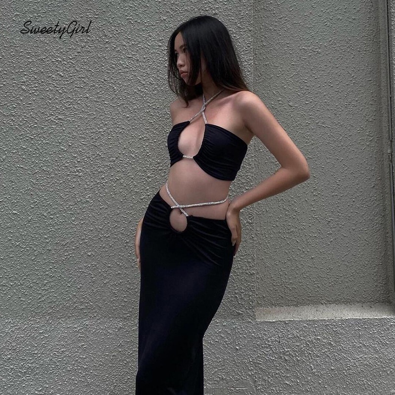 Bộ Áo Không Tay Hở Vai + Quần Lưng Thấp Màu Trơn Thời Trang 2022 Dành Cho Nữ