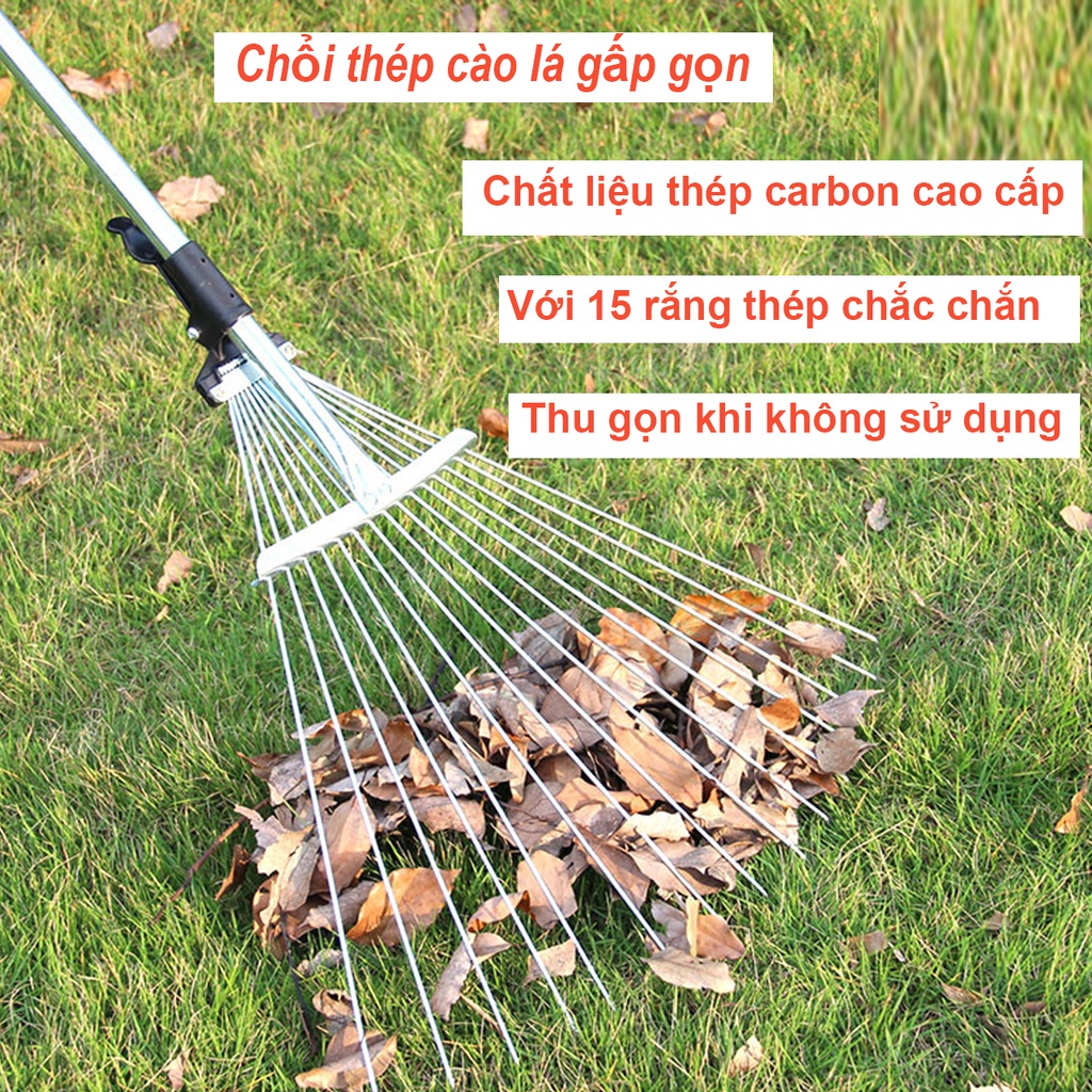 Cây Cào Cỏ, Chổi Thép Cào Lá Làm Vườn Gấp Gọn Có 15 Răng Đa Năng, Có Thể Điều Chỉnh Cao Thấp Và Độ Rộng Răng