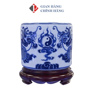 Bát hương men Lam Trắng Trơn họa tiết Rồng chầu thái cực, đồ thờ cúng Phùng Gia - Gốm sứ Bát Tràng cao cấp
