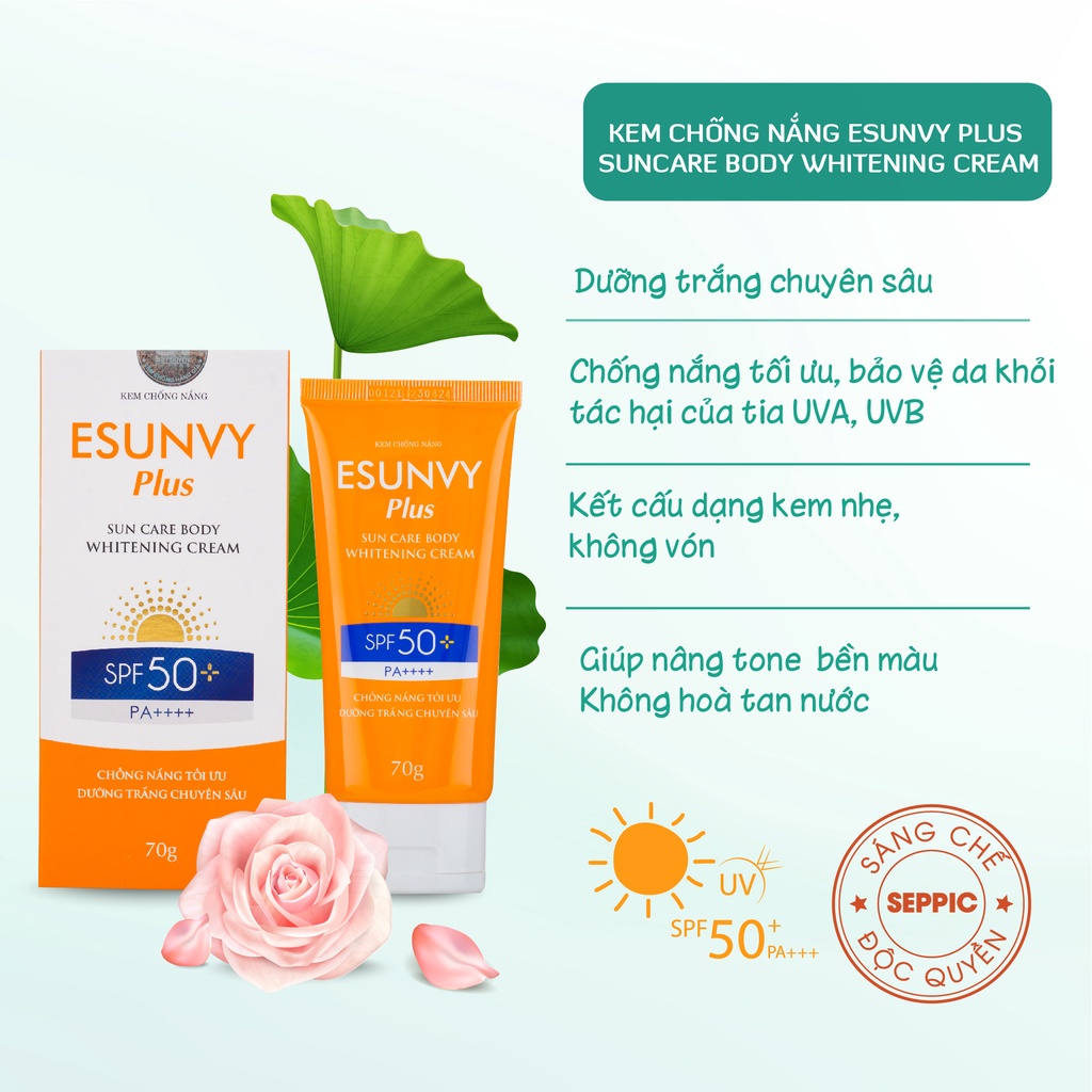 Kem Chống Nắng Body Esunvy Plus Sun Care SPF50+/PA++++ Bảo Vệ Da Tối Ưu, Dưỡng Trắng Chuyên Sâu Tuýp 70g