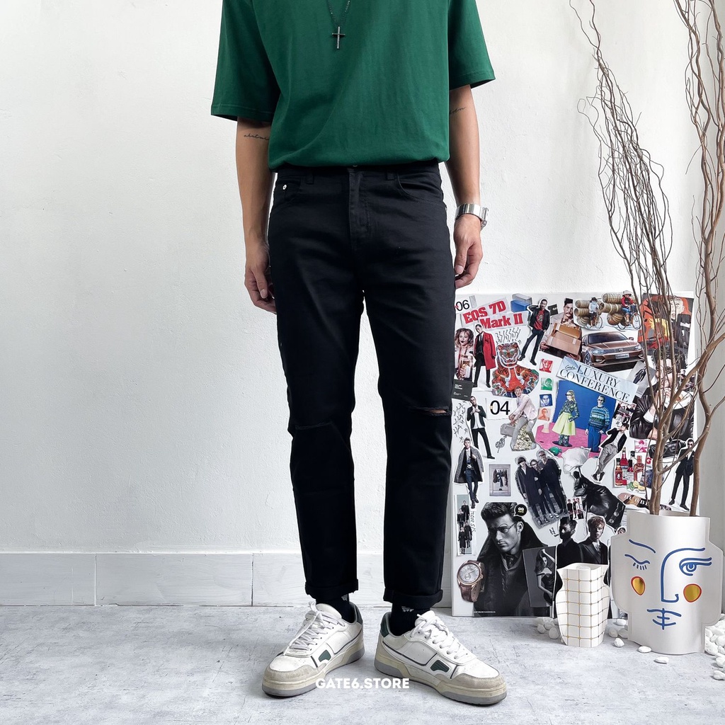 Quần Jean Nam slimfit YY, quần bò dài dáng ôm rách gối co giãn trơn Đen / Trắng - GATE6 - 3004-5
