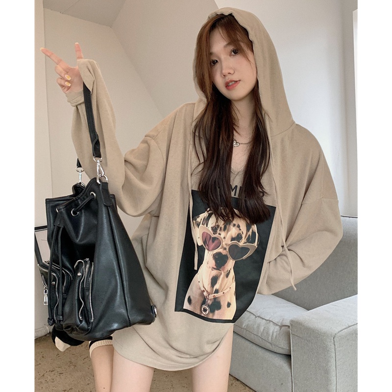 Áo Thun Hoodie Tay Dài Dáng Rộng In Hình Thời Trang Mùa Thu