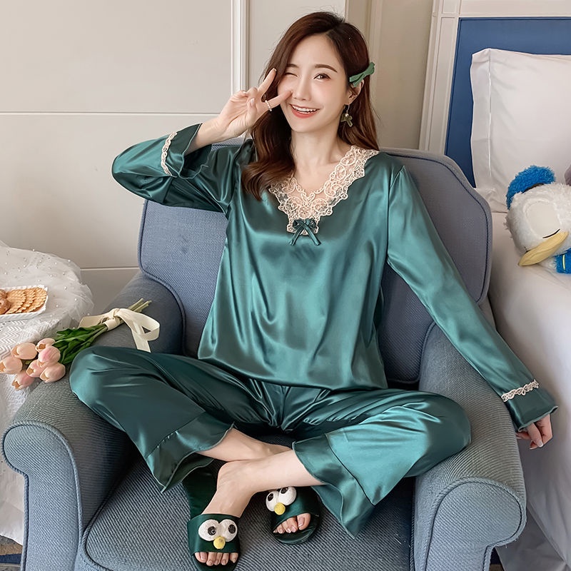 Bộ đồ ngủ tay dài bằng lụa mát thời trang xuân thu hàng mới dành cho bạn nữ mặc ở nhà