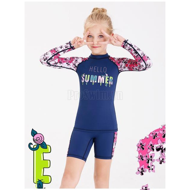 Bộ Bơi Bé Gái Rời Dài Tay DS11 Navy Hồng Hello Summer