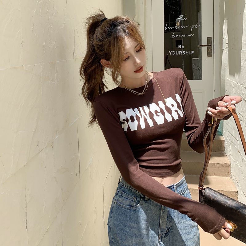 Áo Thun Đen Tay Dài Dáng Ôm In Họa Tiết Thời Trang Quyến Rũ Cho Nữ