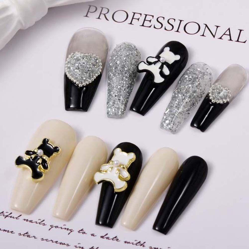 OCEANMAP Phụ Kiện Trang Trí Móng Tay 3D Bằng Hợp Kim Hình Gấu Màu Trắng Đen Thời Trang