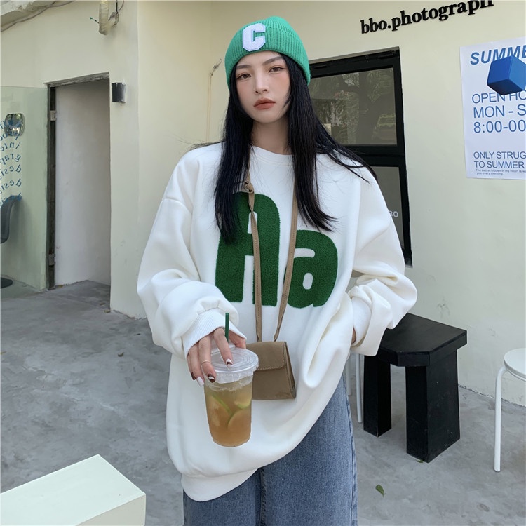 Ethelgirl Áo nỉ thêu chữ phong cách đường phố Mỹ thời trang tay dài cổ tròn dáng rộng