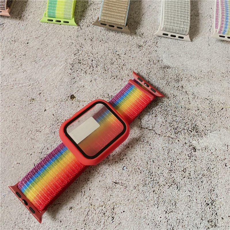 Dây đeo đồng hồ bằng nylon kèm ốp mặt kính cho Apple Watch Band 44mm 40mm 42mm 38mm iWatch serie 6 5 4 se