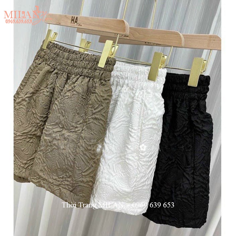 Quần xốp phồng nữ dập hoa in vân nổi cạp chun lưng cao dáng quần đùi nữ ống rộng đi biển hẹn hò dạo phố ở nhà cá tính