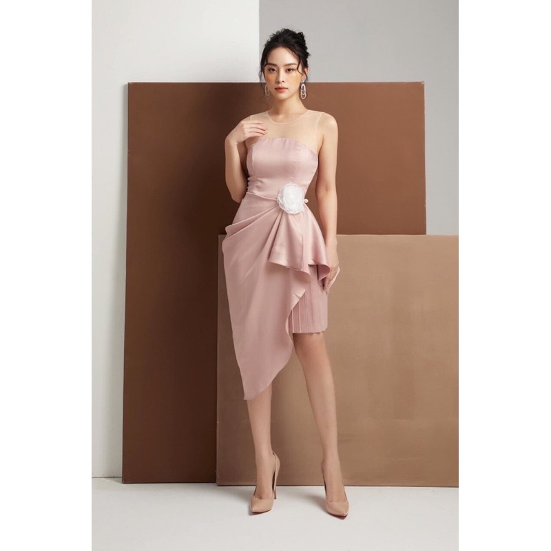 Đầm ôm body kiểu cúp ngực phối lưới nhún eo kèm hoa, váy đầm dự tiệc