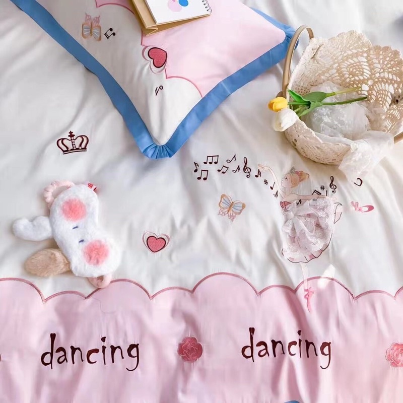 Bộ 4 món ga gối Lụa Satin cao cấp Hồng phối xanh