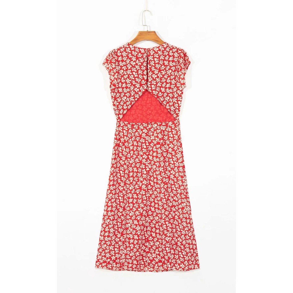 Zara Morocco full tag - Đầm hoa đỏ khoét lưng sexy thương hiệu châu Âu DH3KLG69N10