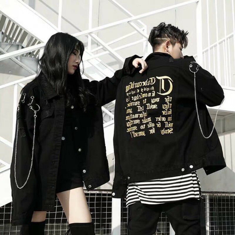 Áo Khoác Jeans Unisex Đen In Form Rộng - Bức Thư Tình Yêu Thương -  size M L và XL