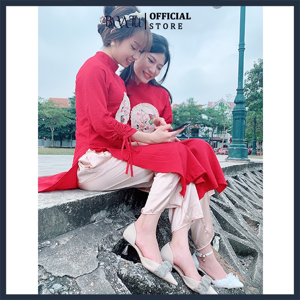 Áo dài cách tân, váy đôi mẹ bé chất đũi tằm mướt nhẹ, đầm màu đỏ diện tết chụp ảnh xuân rất tôn dáng - bavatu. | BigBuy360 - bigbuy360.vn