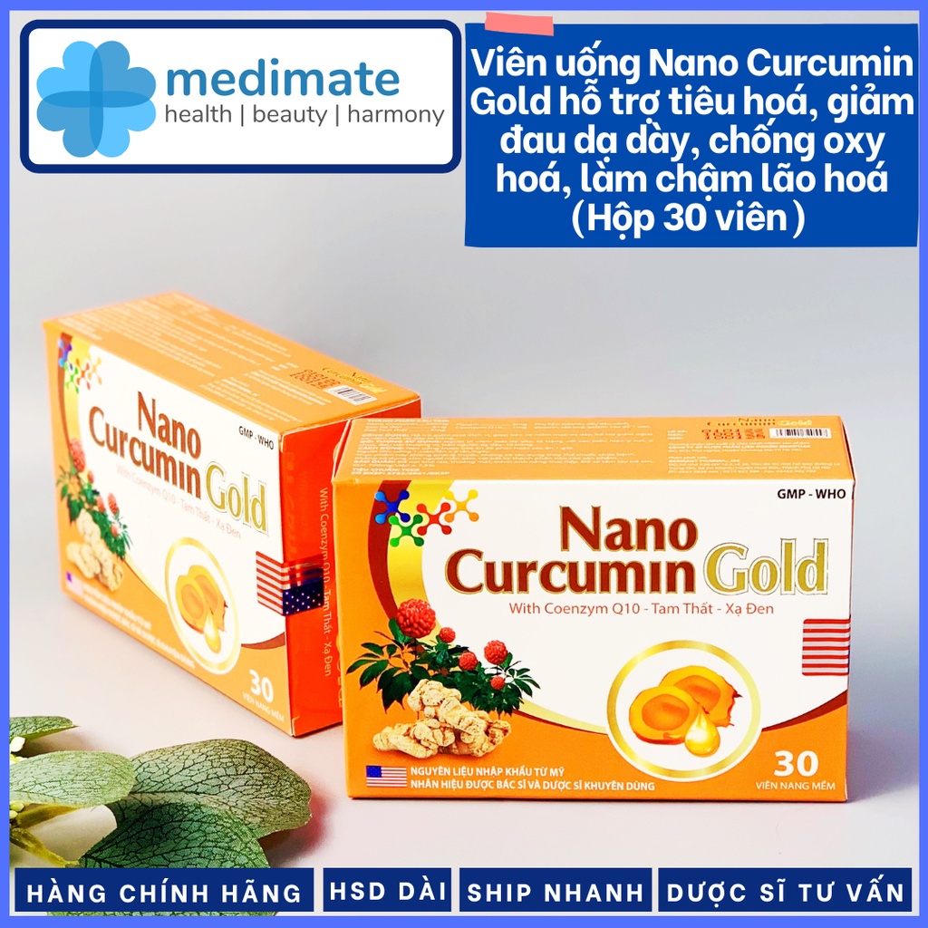 Viên uống Nano Curcumin Gold hỗ trợ tiêu hóa, giảm đau dạ dày, chống oxy hóa, làm chậm lão hóa (Hộp 30 viên)