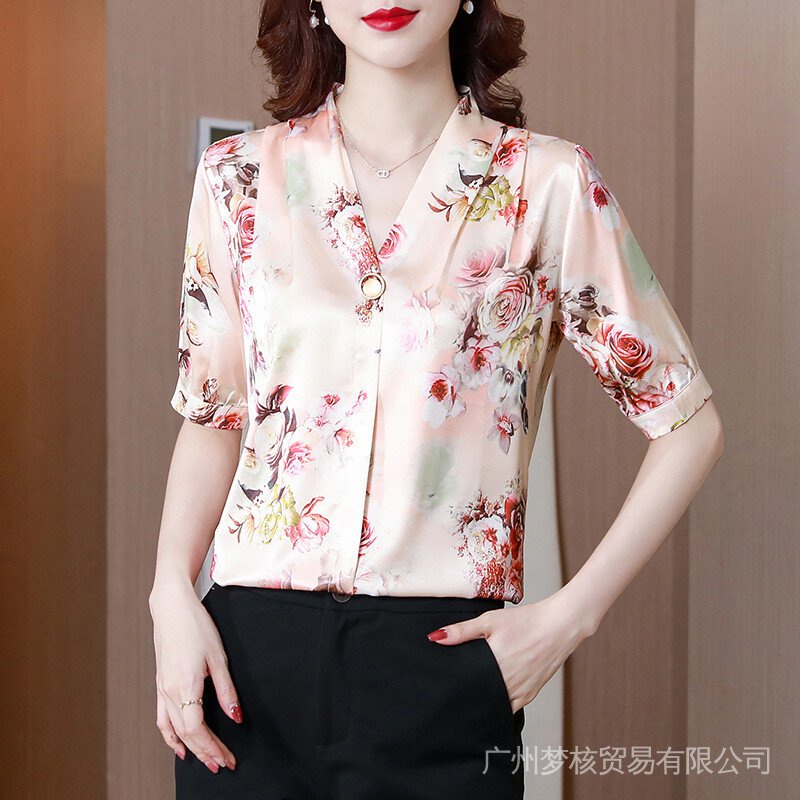 Mulberry Áo Sơ Mi Tay Ngắn Cổ Chữ v Bằng Lụa Hàng Châu Châu Âu Cá Tính Cao Cấp Thời Trang Mùa Hè Dành Cho Phụ Nữ Trung Niên 50 Tuổi