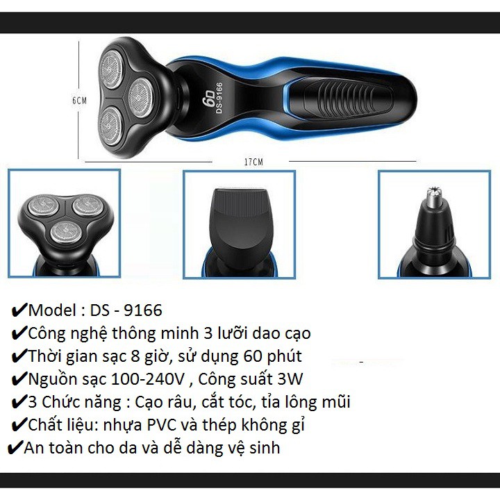 Máy cạo râu đa năng 3 trong 1 gồm cạo râu, tỉa lông mũi, tông đơ cắt tóc chính hãng Shaver 6D  - Video thật